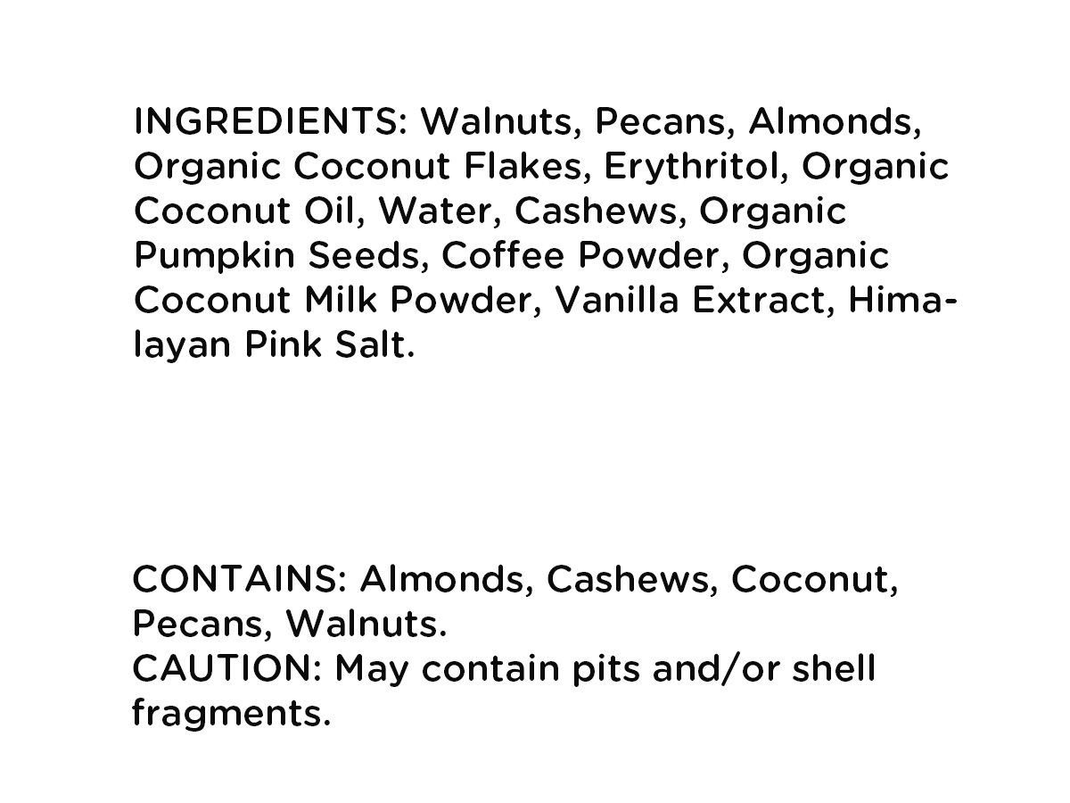 List of ingredients for Cappuccino Italiano JuNūla Just Nuts Granola
