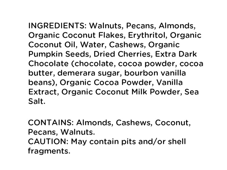 Ingredient list for Holiday Delight JuNūla Just Nuts Granola