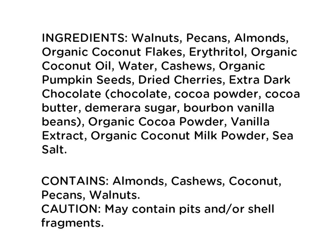 Ingredient list for Holiday Delight JuNūla Just Nuts Granola