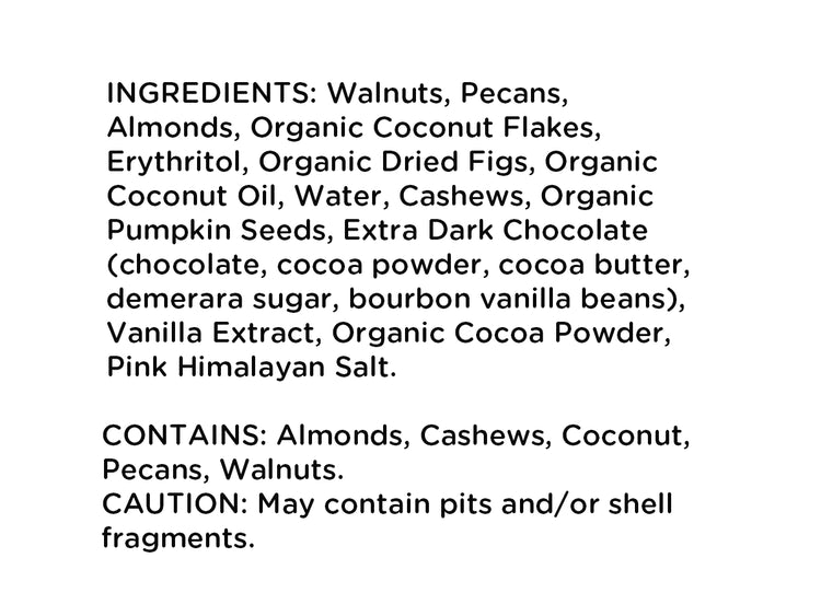 List of ingredients for Just Enough Chocolate JuNūla Just Nuts Granola