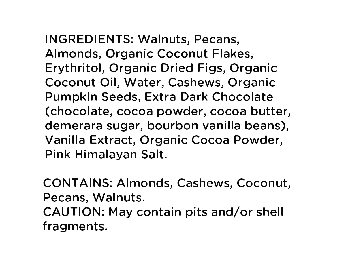 List of ingredients for Just Enough Chocolate JuNūla Just Nuts Granola
