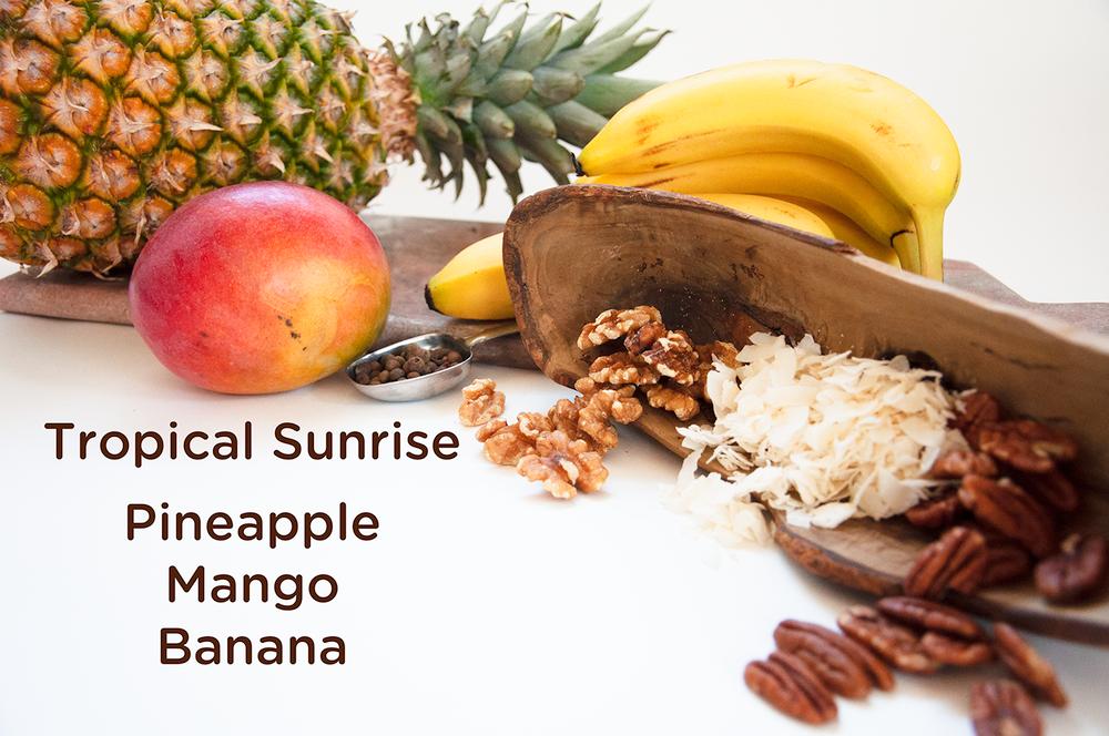 Photo of pineapple, mango, banana, and allspice, the unique flavors in Tropical Sunrise JuNūla Just Nuts Granola